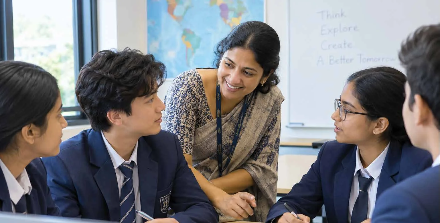 A TVIS teacher guiding a small group of students